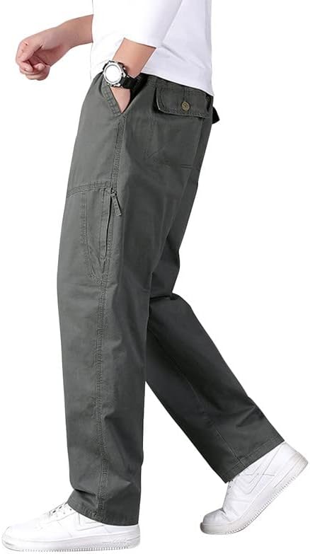 CekasoMen's Cargo Pants Work Drawstring Cotton Casual Pant Hiking Relaxed Fit Straight Trousers with 6 Pockets