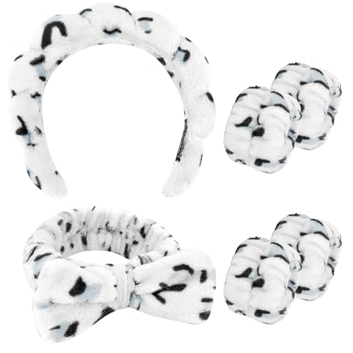 CAVETEE Puffy Bubble Bow Tie Spa Headband and Wristband Set - 6 Pack Makeup & Face Washing Headbands for Girls and Women