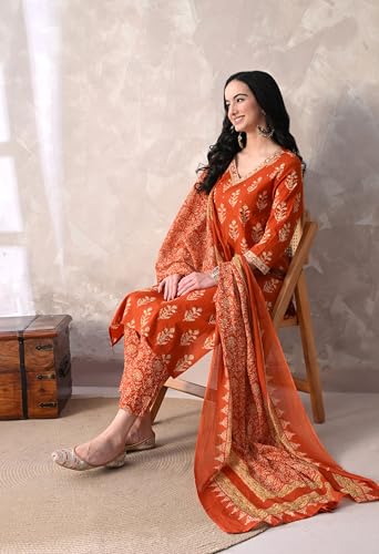 Image of MEERA FAB Women Floral Printed Sequined Cotton Straight Kurta with Palazzos & Dupatta | Sanganeri Print
