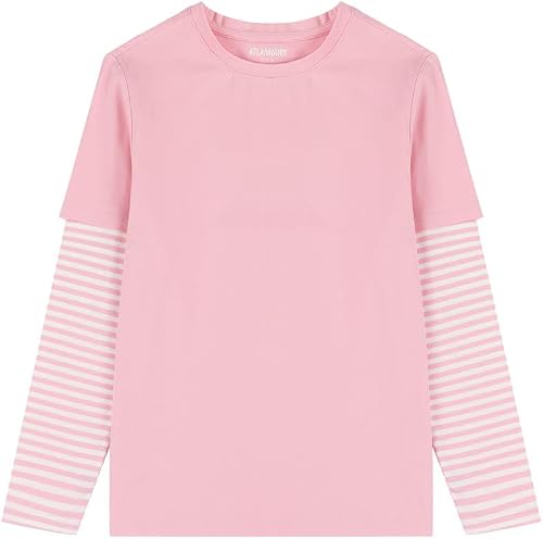 ATLANHAWK Kid's T Shirts Tagless Patchwork Striped Cotton T-Shirt Long Sleeve Crewneck Tee for Boys and Girls 3-12 Years (Pink+Pink Stripe-s)