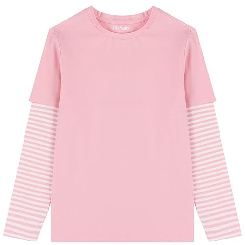 Atlanhawk Kid's T Shirts Tagless Patchwork Striped Cotton T-Shirt Long Sleeve Crewneck Tee For Boys And Girls 3-12 Years (Pink+Pink Stripe-S) #TOP1