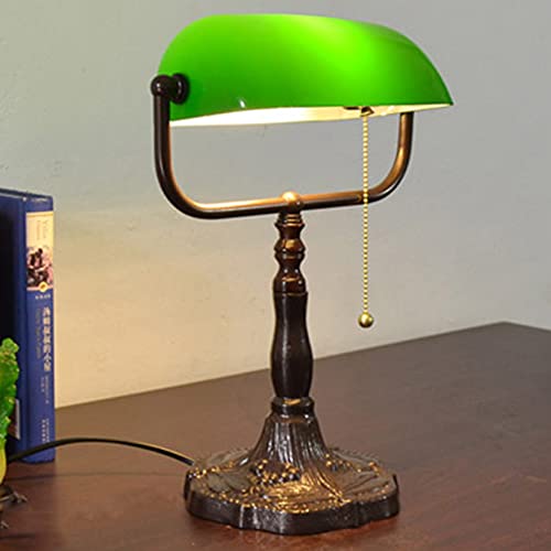 Lampe de bureau de banquiers de vitraux verts lampes de lecture antique avec base de bibliothèque traditionnelle de base en alliage avec chaîne pull e27 lampe de table vintage pour l'étude de