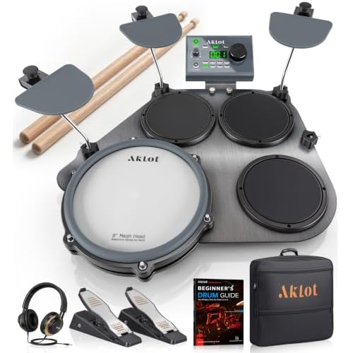 AKLOT Portable Electric Drum Set: Electronic Drum Pad for Beginners, 8"Dual-Zone Mesh Snare, 4.5"Cymbals, Full-Size Pedals, 30 Kits, 360 Sounds, USB-MIDI, Headphones, Drum Guide, 2-Year Warranty, Grey