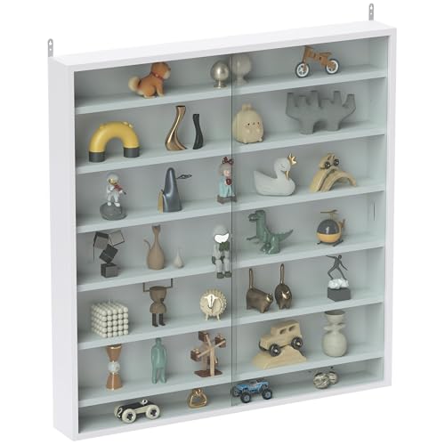 HOMCOM Vitrina Expositora para Colecciones de 7 Niveles, Vitrina de Pared, con Estantes Ajustables y 2 Puertas Correderas de Vidrio, para Perfumes, Figuras de Decoración, 80x9,5x83 cm, Blanco