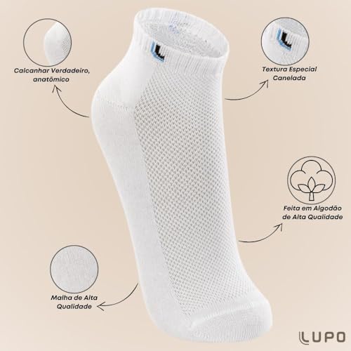 Kit 9 Pares Meias Masculina Lupo Cano Curto Sport Algodão Original 3225 (M 37 a 40, Brancas)