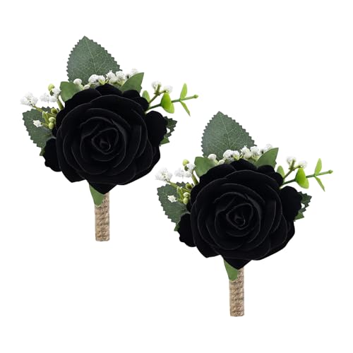 WGBBDG 2Pcs Black Rose Boutonniere for Men Groomsmen and Groom Best Man Artificial Flower Boutonnieres Set for Rustic Wedding Anniversary Prom Homecoming Party Formal Dinner