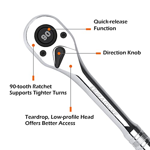 Duramove 3 Piece Ratchet Repair Set, Quick Release Reversible , 90 Tooth Socket Wrench Set , 1/4" , 3/8" , 1/2" Drive Ratchet Handle ,4 Degree Swing| Polished | Cr-V | Eva Storage #TOP4