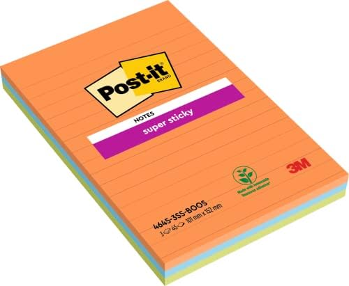Post-it Super Sticky Notes, Cosmic Colour Collection, lined, 101 mm x 152 mm, 90 Sheets/Pad, 3 Pads/Pack