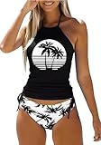 Womens Coconut Tree Drawstring Halter Tankini Set Two-Piece Tankini Set Tankini Top Sets Swimwear(S, Black)