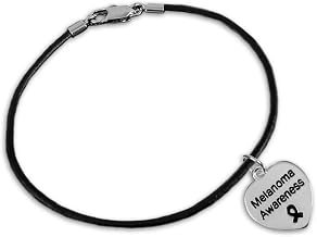 Fundraising For A Cause Melanoma Awareness Black Ribbon Bracelets Sterling Silver Heart Charm with Black Leather Cord For Support Groups & Fundraisers