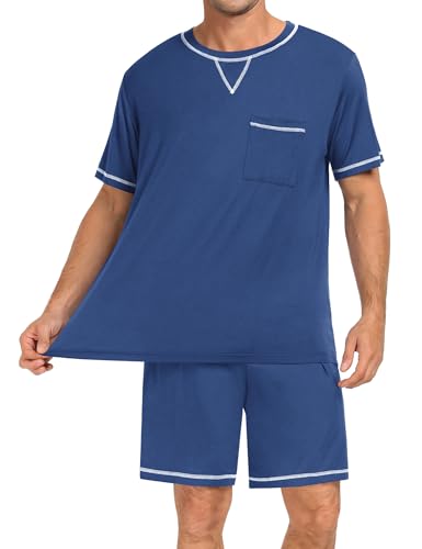 Image of SWOMOG Mens Pajamas Set Summer Sleepwear Short Sleeve Pjs Set Soft 2 Piece Lounge Set Comfy Loungewear with Pockets