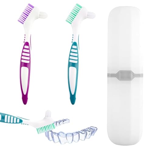 2 Piezas Cepillo para Dentaduras Postizas, Cepillo Ferula Dental Doble Cara con Portacepillos de Dientes, Cerdas Suaves Multicapa para Una Limpieza Eficaz de Férulas Dentales y Protectores Bucales