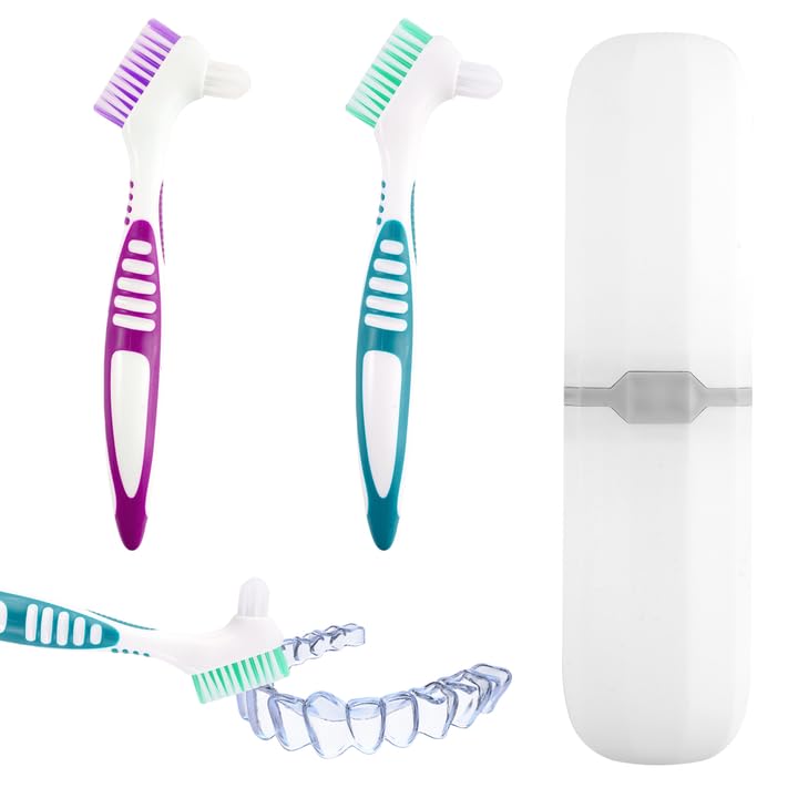 2 Piezas Cepillo para Dentaduras Postizas, Cepillo Ferula Dental Doble Cara con Portacepillos de Dientes, Cerdas Suaves Multicapa para Una Limpieza Eficaz de Férulas Dentales y Protectores Bucales
