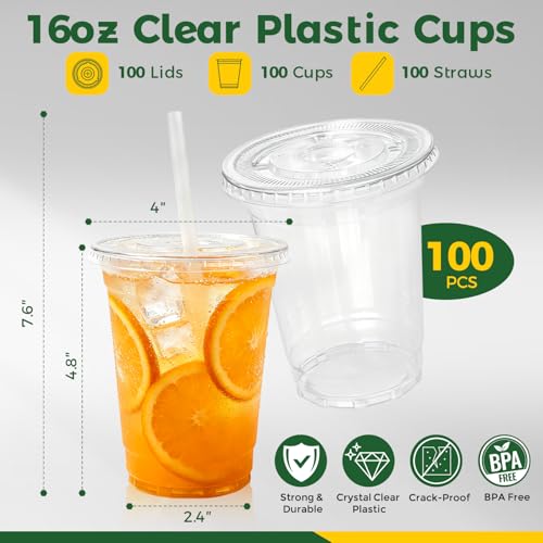 image for Charmount 100 Sets 16 oz Plastic Cups with Lids and Straws, Clear Disp