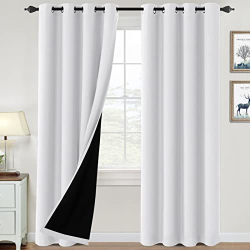 100% Blackout Curtains For Bedroom Thermal Insulated Blackout Curtains 96 Inch Length Heat And Full Light Blocking Curtains Window Drapes For Living Room With Black Liner 2 Panels Set, Pure White #TOP5