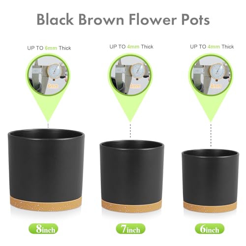 Meowell 8/7/6 inch Flower Pots, 3 Pack Cylinder Plant Pots for Outdoor Indoor Plants, Decorative Plastic Planters with Drainage Holes and Saucers for Garden House Plants, Black with Brown by Meowell - Image 6