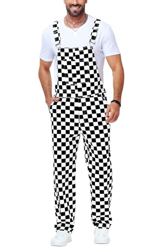 Magrank Mens Checkered Overalls Adult Adjustable Strap Fashion Onesie Funny Black White Graphic Denim Bib Coveralls S