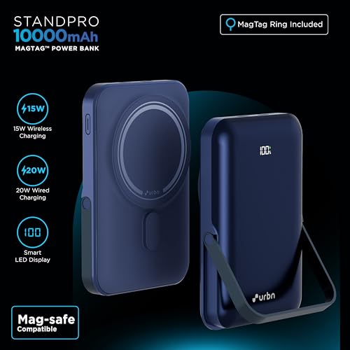 URBN 10000 mAh Stand Pro Magsafe Power Bank with Foldable Metalic Stand | 15W Fast Wireless Charging | Strong Magnetic Hold | Type C Input/Output | Pass Through Charging (Blue) view 2