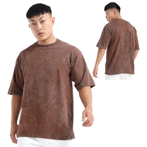 Image of fanideaz Mens 240 GSM Heavy Cotton Acid Wash Oversize T-Shirt Half Sleeve Round Neck Drop Shoulder Oversize Fit