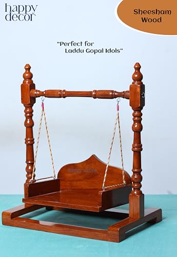 Image of Premium Polished Sheesham Wooden Laddu Gopal Jhula, Shri Krishna Swing Kanhaji, Thakurji, for Bal Gopal Idol, (Size:- 13 inchx12 inchx7 inch), Seat Size :- (8 inchx6 inch) 0 to 4 no Gopal ji.