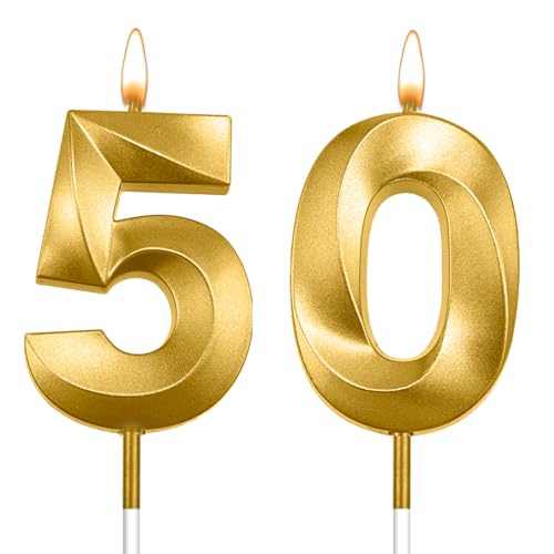 50th Birthday Candles for Cake, 1.97 inch 3D Diamond Number 50 Candle, 50th Birthday Decorations for Her & Him, 50 Year Old Birth Day Cake Toppers for Party, Anniversary, Milestone Party Favors (Gold)