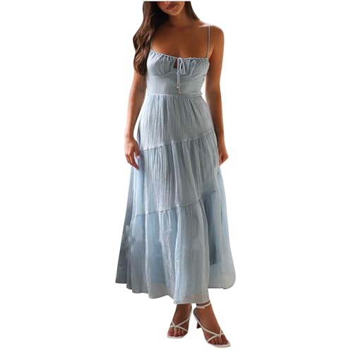 Milk Maid Dress for Women Boho Spaghetti Strap Maxi Dresses Lace Up Corset Summer Dress Beach Wedding Sundress Light Blue
