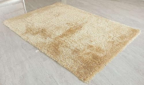 Image of Handcrafted Microfiber Cream Shaggy Carpet 5x8 Feet with Thick Soft Plush Pile, Anti Slip Backing, Ideal for Living Room, Bedroom, Hall and Home Interior Decoration
