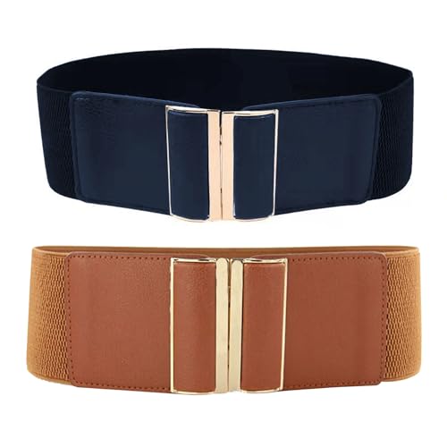 KRYMSON 2 Breite Damengürtel, Modische Gürtel, Elastische Taillenbänder, Verstellbare Gürtel, Klassische Ziergürtel Für Kleider, Jeans Und Formelle Kleidung (Camel, Dunkelblau)