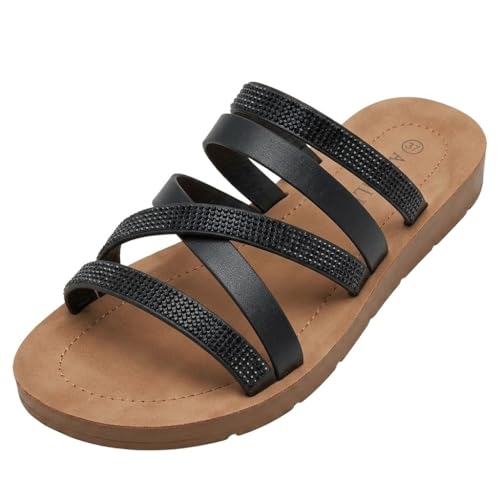 Arevill Damen Pantoletten Sommer Glitzer Sandalen Bequem Leicht Strass Sandalen Rutschfest Offene Freizeitschuhe mit Weichem Fußbett für Urlaub Strand Alltag
