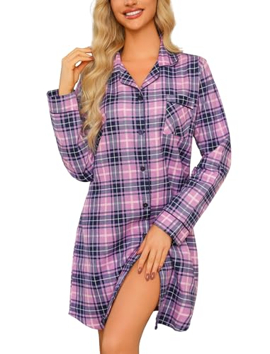 Photo de MIA LUCCE Chemise de nuit en flanelle à manches longues pour femme, Magenta/violet, XL
