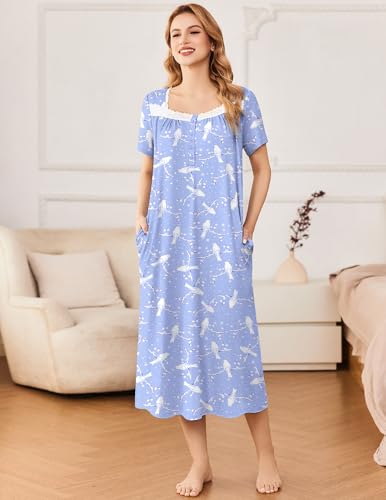 Image of Ekouaer Long Nightgowns for Women Short Sleeve House Dress with Pockets | Soft Vintage Victorian Sleepdress Moo Moo Nightgown Pleated Front Button Sleepwear Mumu Dress Loungwear Lace Nightdress