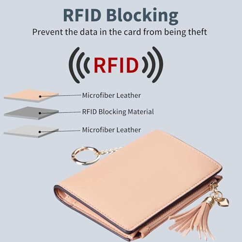 Image of Gostwo Women's Small Slim Wallet with RFID Protection & Keychain for Girls | 8 Card Slots,faux Leather, Tassel Decor, Built-in Keychain, Slim Compact, Snap & Zip Closure, Ideal for Daily & Travel