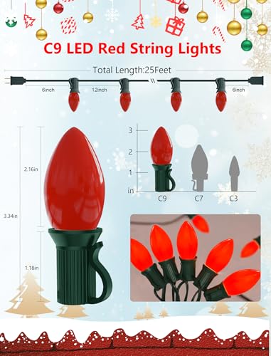 Image of LED C9 Red Christmas Lights Outdoor, 25FT C9 LED Outdoor String Lights with 26 Shatterproof Red Bulbs, Waterproof Vintage Christmas Lights for Indoor Holiday Tree Roofline Patio Party Garden Decor