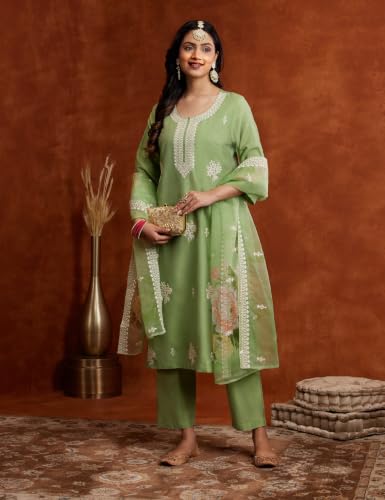 Image of Amazon Brand - Myx Women Embroidered Kurta Pant Set with Organza Dupatta | Viscose,Rayon (Available in Plus Sizes)