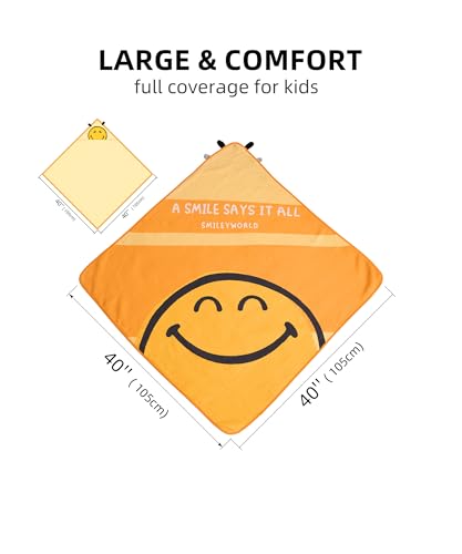 Image of SMILEYWORLD Bath Towels with Hood for Kids, 40''x40'' Soft Cotton Beach Towel Wrap, Toddler Swimming Pool Hooded, Shower Bath Towel for Girls Boys Ages 3-10 (Smile)