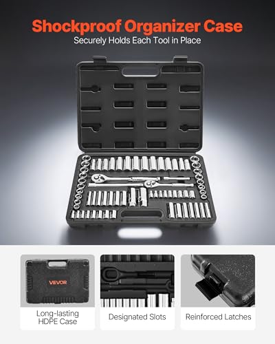 Image of VEVOR Socket Set, 69 Pieces, 3 /8 & 1 /4 inch Drive Socket and Ratchet Set, SAE and Metric, Deep and Standard, Mechanic Tool Kit with Accessories and Storage Case, CR-V Alloy Steel, for Auto Repair