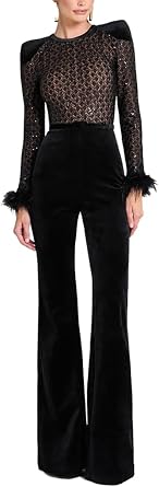 THLAI Sexy Long Sleeve Jumpsuits for Women Velvet Zip Up Top Wide Leg Pants Jumpsuits Cocktail Party One Piece Outfits
