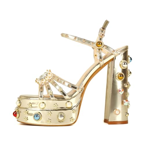 Image of Feinlina Rhinestone Platform Chunky Heels for Women Open Toe Ankle Strap Dress Pumps with Gems Green Pink Floral Print Embroidery Wedding Party Sandals