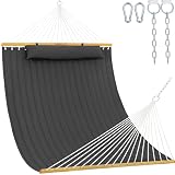 Lazy Daze Hammocks 12 FT Double Quilted Fabric Hammock with Spreader Bar and Detachable Pillow, 2 Person Double for Outside Patio Poolside Backyard Beach, 450lbs Capacity, Gray