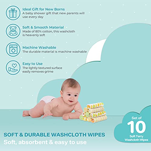 Spasilk Washcloth Wipes Set for Newborn Boys and Girls, Soft Terry Washcloth Set, Pack of 10, Yellow Dots