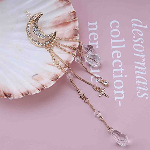 Erimberate Bohemian Moon Star Hair Clip Paved Moon Hair Barrette Gold Crystal Drop Hair Pins Clip Dangle Crystal Tassel Hair Barrette Headclip Rhinestone Headwear Decorative Hair Accessories Jewelry For Women And Girls (Gold) #TOP2