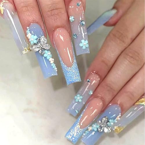 Hebterrka 24 Pezzi Unghie Finte Blu Farfalla Quadrati Francesi Da Spingere Lunghe Luccicanti Strass