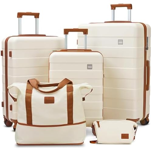 imiomo Hard Shell Luggage Sets 5 Piece for Women, Lightweight Hardside Rolling Suitcase Set with Spinner Wheels and TSA Lock, Beige