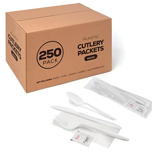 250 White Plastic Cutlery Packets - Knife, Fork, Spoon & Napkin Sets with Salt & Pepper - Individually Wrapped, Disposable Silverware by Supellectilem - Used condition - US$25.62