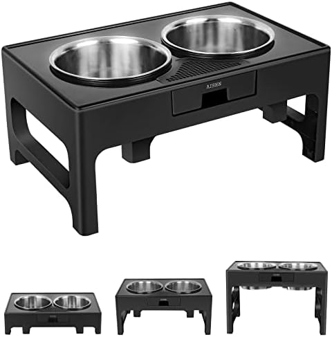 Elevated Dog Bowl Stand Adjustable 3 Heights, Raised Dog Bowl with 2 Stainless Steel Dog Food Bowls for Large Medium Dog and Small Dog or Cat (Black)