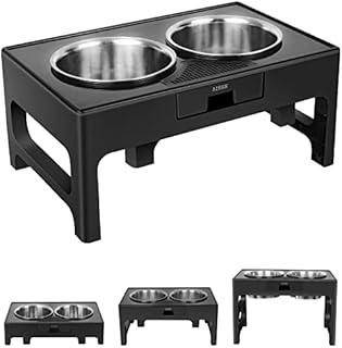 Elevated Dog Bowl Stand Adjustable 3 Heights, Raised Dog Bowl with 2 Stainless Steel Dog Food Bowls for Large Medium Dog and Small Dog or Cat (Black)