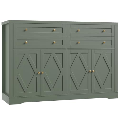 HOSTACK 55W Kitchen Buffet Sideboard Cabinet with 4 Storage Drawers Green
