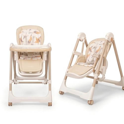 Image of Bambino Multifunctional 2-in-1 Baby High Chair & Non-Electric Swing, 6–36 Months, 5-Point Harness, Height Adjustable, 3 Recline Positions, Foldable with Removable Tray, Beige