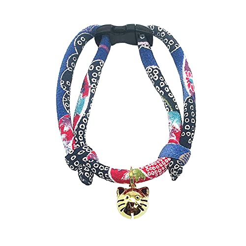 PetSoKoo Cat Collar with Kitty Face Bell. Cute Japan Chirimen Kitten Collar. Soft & Lightweight, Midnight Blue