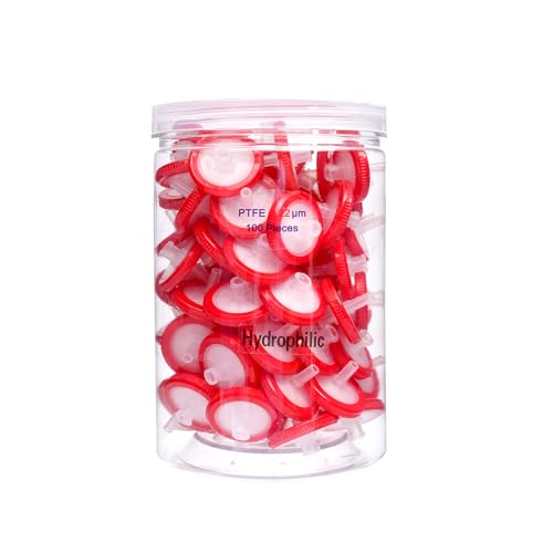 zoomto Syringe Filters Hydrophilic PTFE Membrane 100PCS, 0.22um Pore Size,25mm Disc Diameter,HPLC and GC Needle Filter, Non-Sterile, High Throughput Lab Filtration (0.22um-25mm-Hydrophilic)